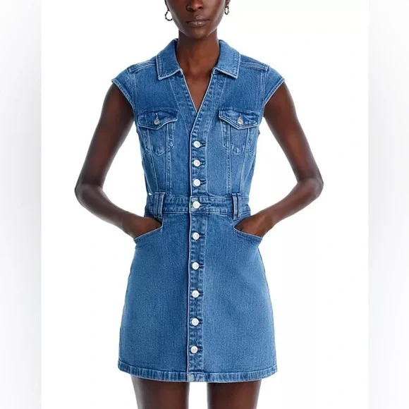 PAIGE Jaxson Blue Denim Mini Dress Womens 10 Vneck Cotton Pockets Classic - Picture 1 of 12